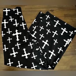 Black color - white crosses flare, pants, 95% polyester and 5% spandex